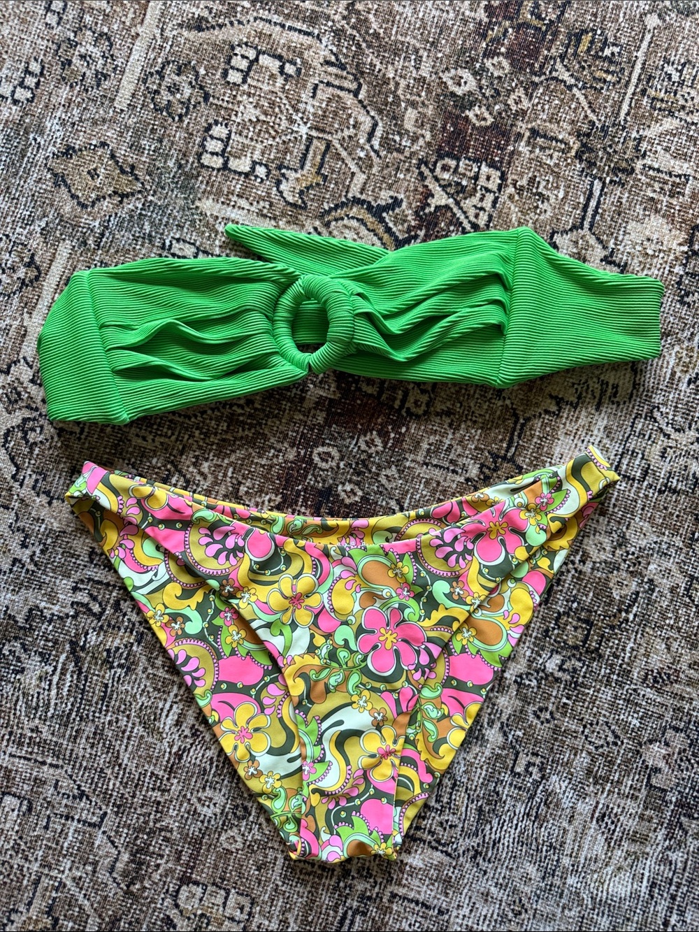 Kulani Kinis Green Bandeau Top with Pink and Yellow Floral Bikini Bottoms